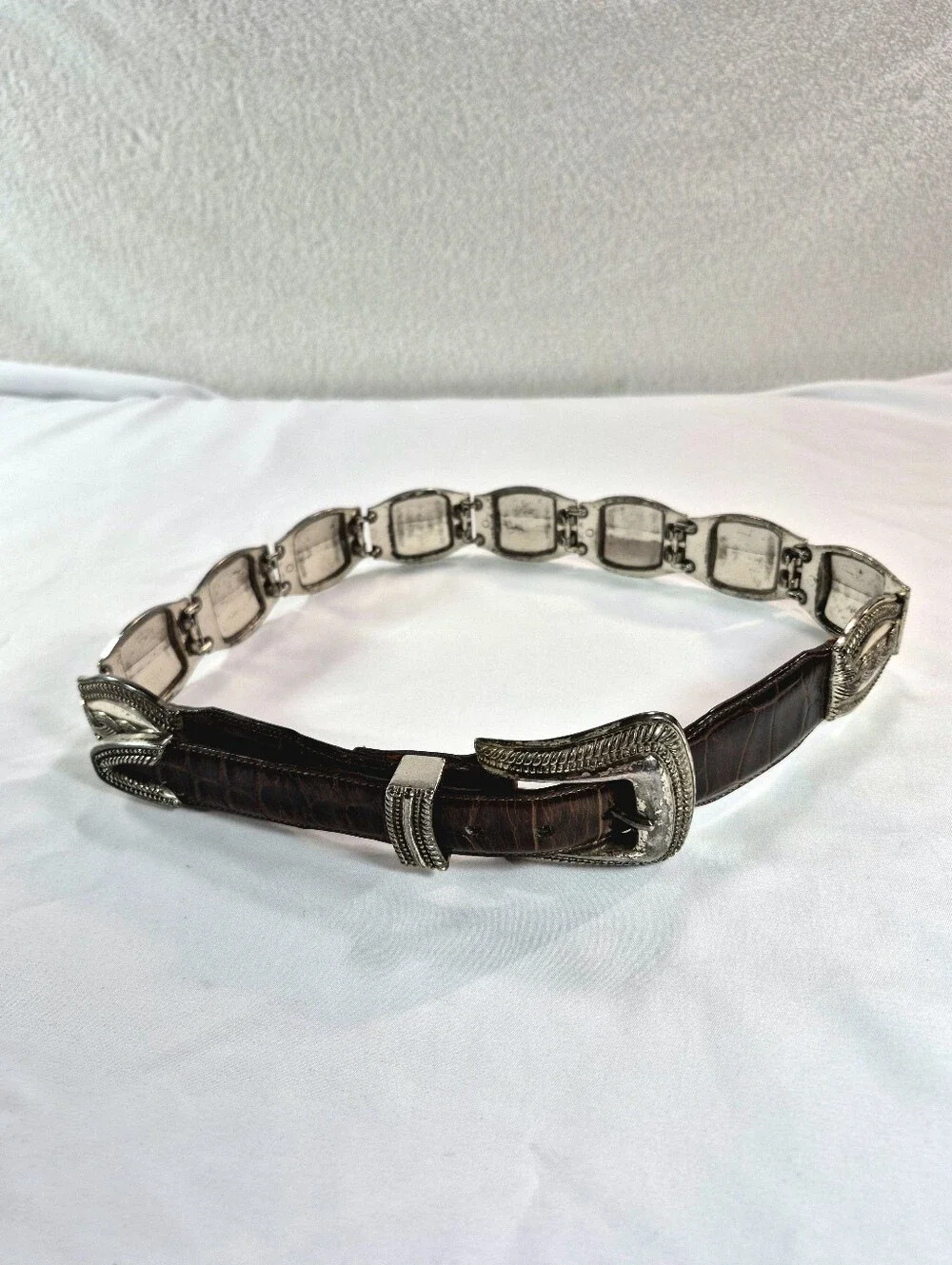 Vintage Brighton Brown Leather Western Silver Concho Link Belt 90s Rustic Boho